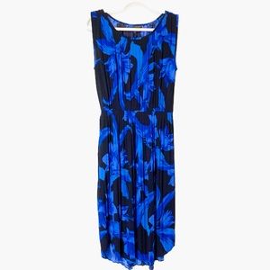Ann Taylor Sleeveless Blue & Black Floral Pleated Dress Size Small